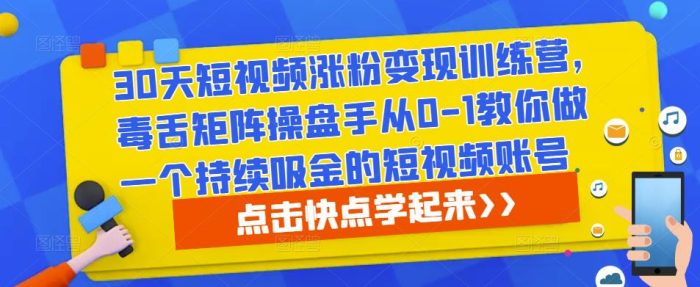 30天短视频涨粉变现训练营,毒舌矩阵操盘手从0-1教你做一个持续吸金的短视频账号|小鸡网赚博客