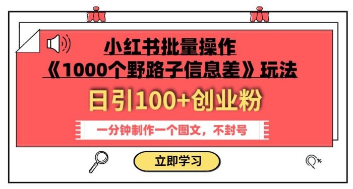 小红书批量操作《1000个野路子信息差》玩法，一分钟制作一个图文，不封号，日引100+创业粉|小鸡网赚博客
