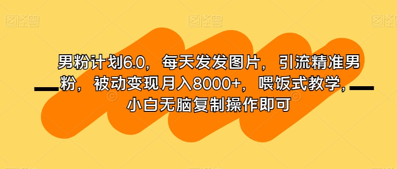 男粉计划6.0，每天发发图片，引流精准男粉，被动变现月入8000+，喂饭式教学，小白无脑复制操作即可|小鸡网赚博客