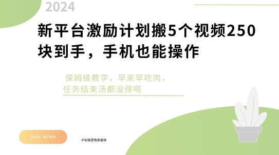 新平台激励计划搬5个视频250块到手，手机也能操作，保姆级教学|小鸡网赚博客