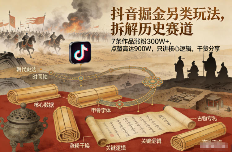 抖音掘金另类玩法，拆解历史赛道，7条作品涨粉300W+，点赞量高达900W，只讲核心逻辑，干货分享|小鸡网赚博客