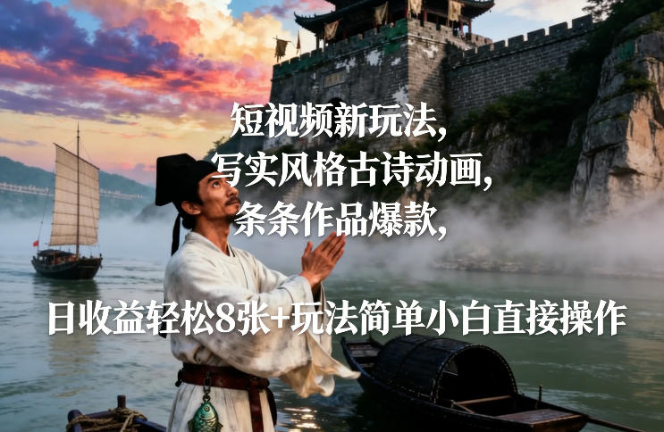 短视频新玩法，写实风格古诗动画，条条作品爆款，日收益轻松8张+玩法简单小白直接操作|小鸡网赚博客
