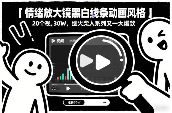 情绪放大镜黑白线条动画风格，20个视频，涨粉30W，继火柴人系列又一大爆款|小鸡网赚博客