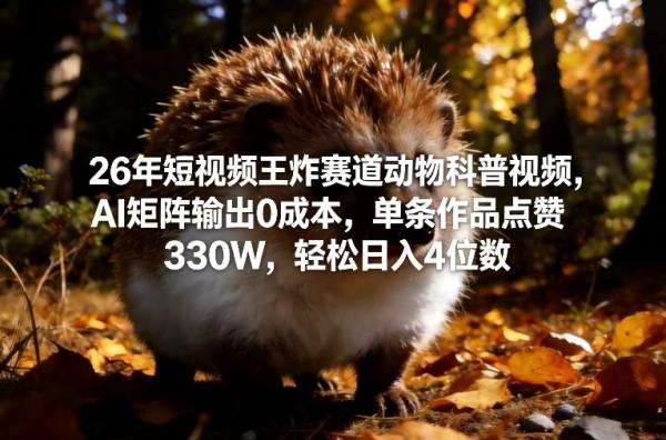 26年短视频王炸赛道动物科普视频，AI矩阵输出0成本，单条作品点赞330W，轻松日入4位数|小鸡网赚博客