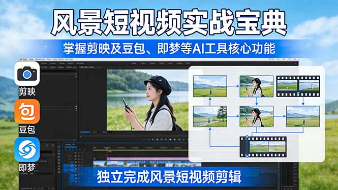 风景短视频实战宝典：掌握剪映及豆包、即梦等AI工具的核心功能，独立完成风景短视频剪辑|小鸡网赚博客