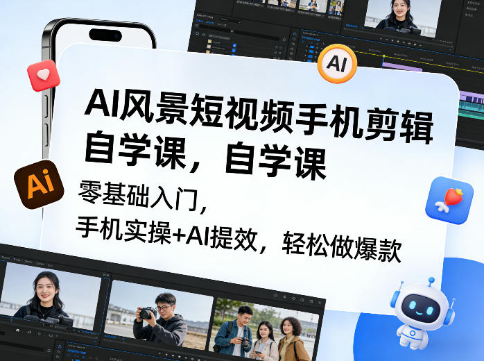 AI风景短视频手机剪辑自学课，零基础入门，手机实操+AI提效，轻松做爆款|小鸡网赚博客