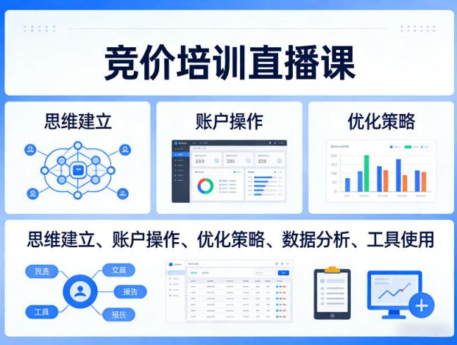 竞价培训直播课,覆盖思维建立、账户操作、优化策略、数据分析、工具使用等,全方位提升效果|小鸡网赚博客