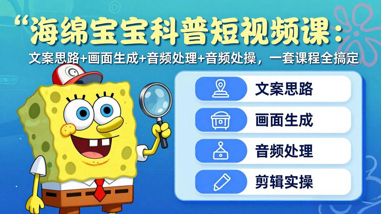 海绵宝宝科普短视频课：文案思路+画面生成+音频处理+剪辑实操，一套课程全搞定|小鸡网赚博客