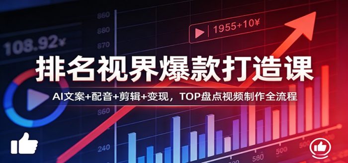 排名视界爆款打造课：AI文案+配音+剪辑+变现，TOP盘点视频制作全流程|小鸡网赚博客