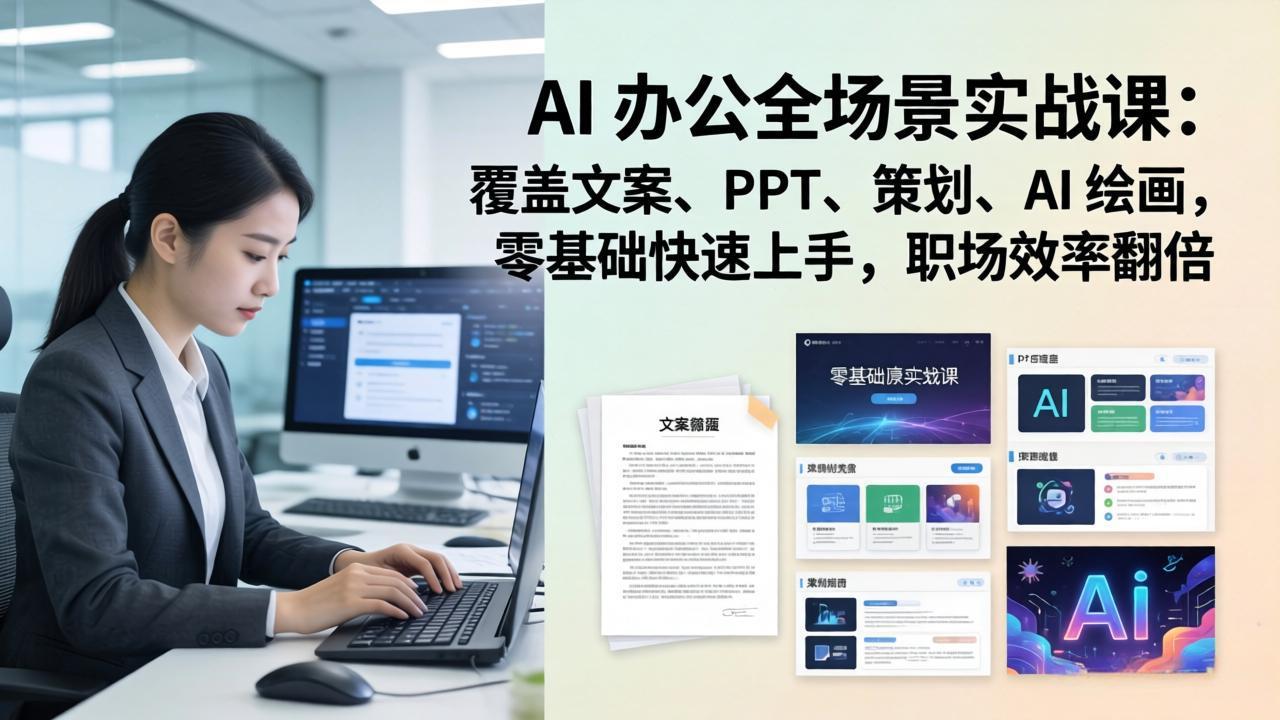 AI 办公全场景实战课：覆盖文案、PPT、策划、AI 绘画，零基础快速上手，职场效率翻倍|小鸡网赚博客