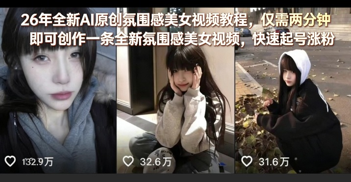 26年全新AI原创氛围感美女视频教程，仅需两分钟即可创作一条全新氛围感美女视频，快速起号涨粉|小鸡网赚博客