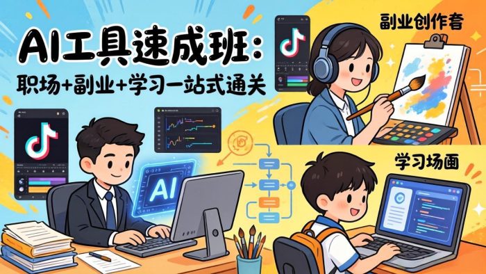 AI工具速成班:职场+副业+学习一站式通关,20+爆款类型+剪映技巧+抖音算法,0基础快速上手|小鸡网赚博客