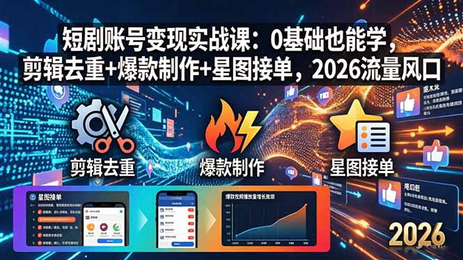 短剧账号变现实战课：0基础也能学，剪辑去重+爆款制作+星图接单，2026流量风口|小鸡网赚博客