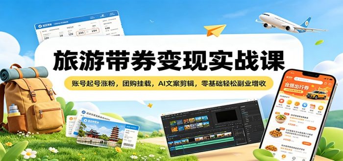 旅游带券变现实战课：账号起号涨粉，团购挂载，AI文案剪辑，零基础轻松副业增收|小鸡网赚博客