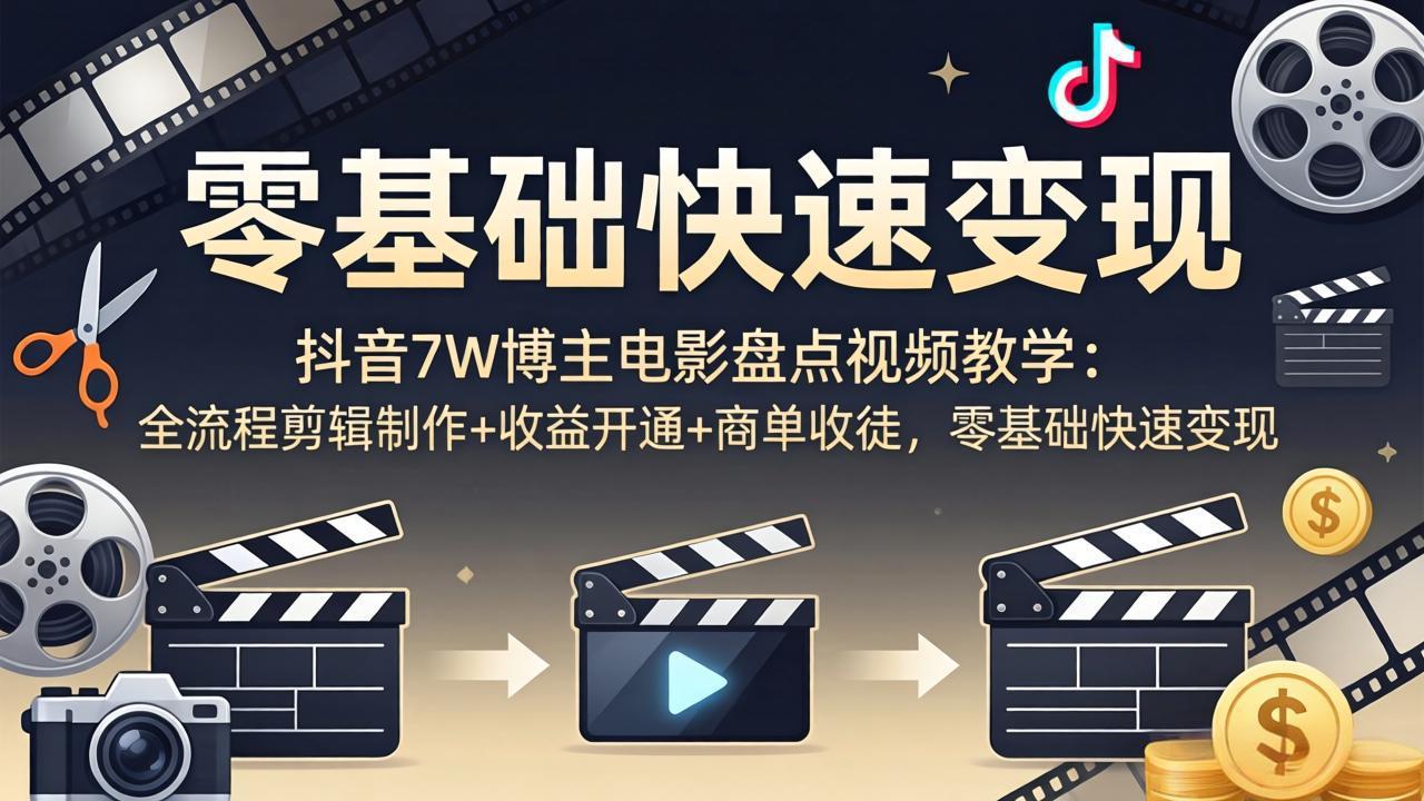 抖音7W博主电影盘点视频教学：全流程剪辑制作+收益开通+商单收徒，零基础快速变现|小鸡网赚博客