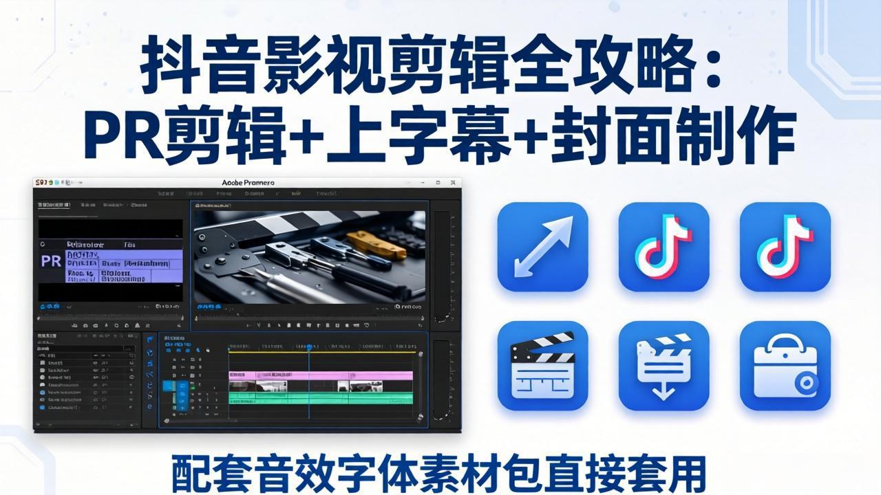 抖音影视剪辑全攻略：PR剪辑+上字幕+封面制作，配套音效字体素材包直接套用|小鸡网赚博客