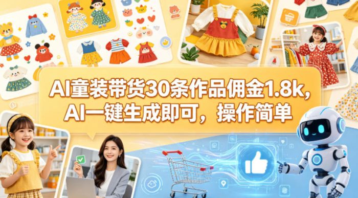 AI童装带货30条作品佣金1.8k，AI一键生成即可，操作简单|小鸡网赚博客