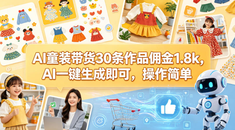 AI童装带货30条作品佣金1.8k，AI一键生成即可，操作简单|小鸡网赚博客