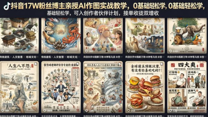 抖音17W粉丝博主亲授AI作图实战教学，0基础轻松学，可入创作者伙伴计划，接单收徒双增收|小鸡网赚博客
