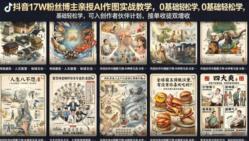 抖音17W粉丝博主亲授AI作图实战教学，0基础轻松学，可入创作者伙伴计划，接单收徒双增收|小鸡网赚博客