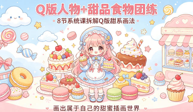 Q版人物+甜品食物团练，8节系统课拆解Q版甜系画法，画出属于自己的甜蜜插画世界|小鸡网赚博客