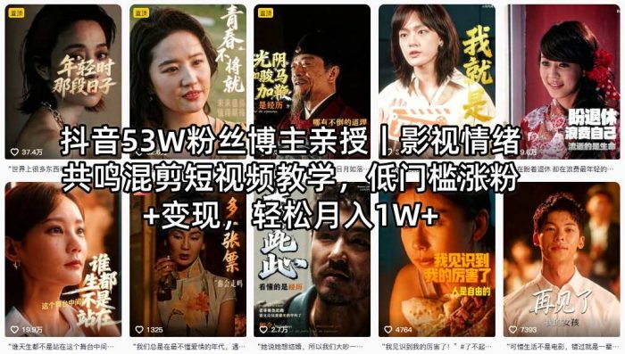 抖音53W粉丝博主亲授｜影视情绪共鸣混剪短视频教学，低门槛涨粉+变现，轻松月入1W+|小鸡网赚博客
