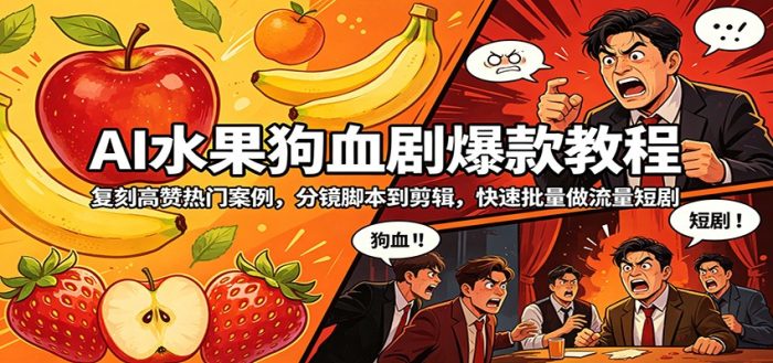 AI水果狗血剧爆款教程:复刻高赞热门案例,分镜脚本到剪辑,快速批量做流量短剧|小鸡网赚博客