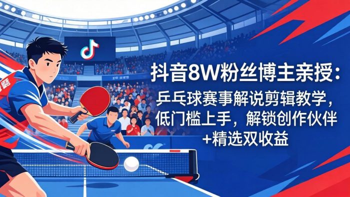 抖音8W粉丝博主亲授：乒乓球赛事解说剪辑教学，低门槛上手，解锁创作伙伴+精选双收益|小鸡网赚博客