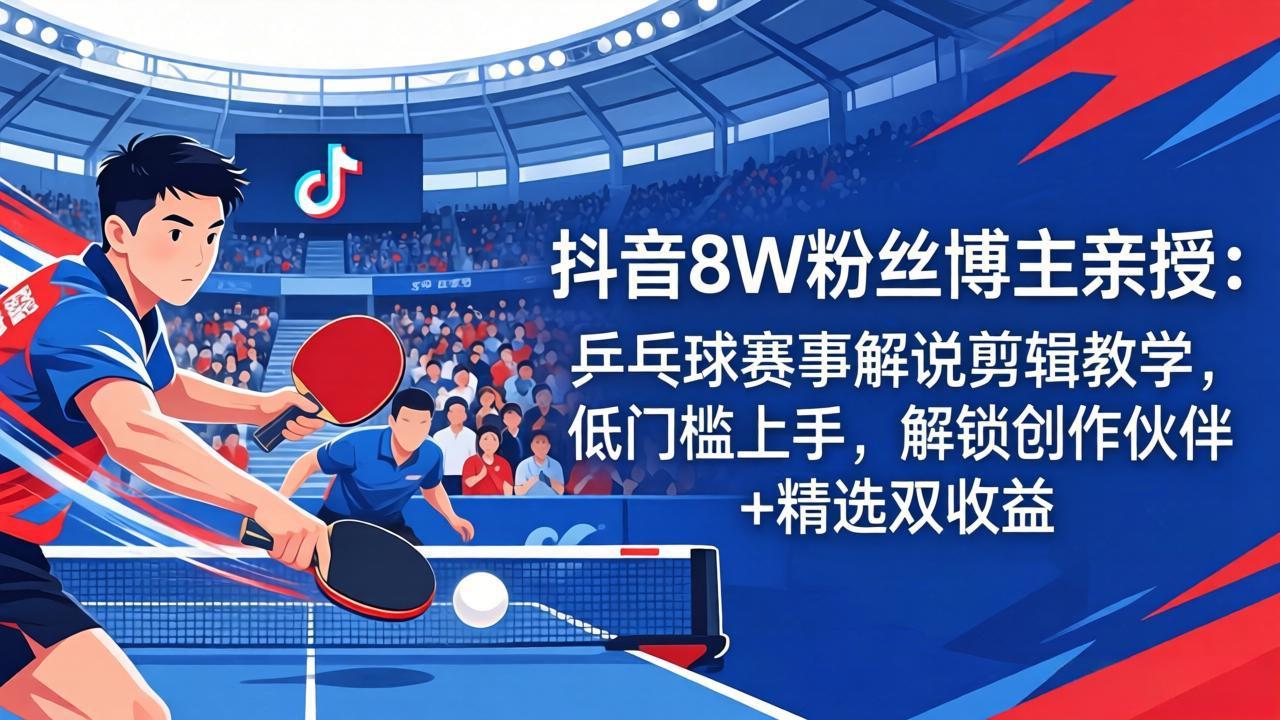抖音8W粉丝博主亲授：乒乓球赛事解说剪辑教学，低门槛上手，解锁创作伙伴+精选双收益|小鸡网赚博客
