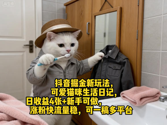 抖音掘金新玩法，可爱猫咪生活日记，日收益4张+新手可做，涨粉快流量稳，可一稿多平台|小鸡网赚博客