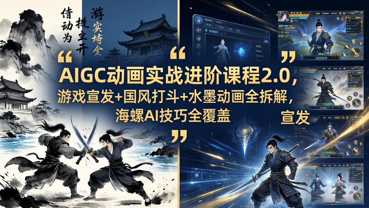 AIGC动画实战进阶课程2.0，游戏宣发+国风打斗+水墨动画全拆解，海螺AI技巧全覆盖|小鸡网赚博客