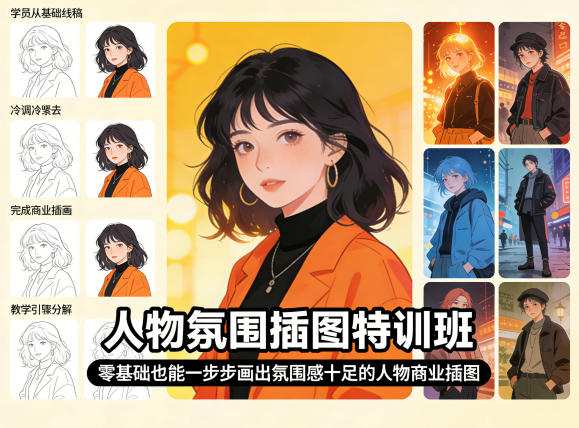 人物氛围插图特训班，零基础也能一步步画出氛围感十足的人物商业插图|小鸡网赚博客