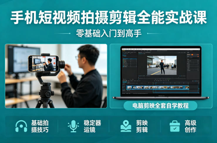 手机短视频拍摄剪辑全能实战课：零基础入门到高手，稳定器运镜+电脑剪映全套自学教程|小鸡网赚博客