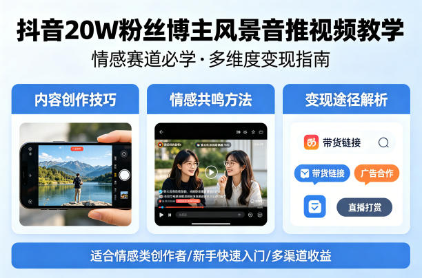 抖音20W粉丝博主风景音推视频教学，情感赛道必学，各种变现途径|小鸡网赚博客