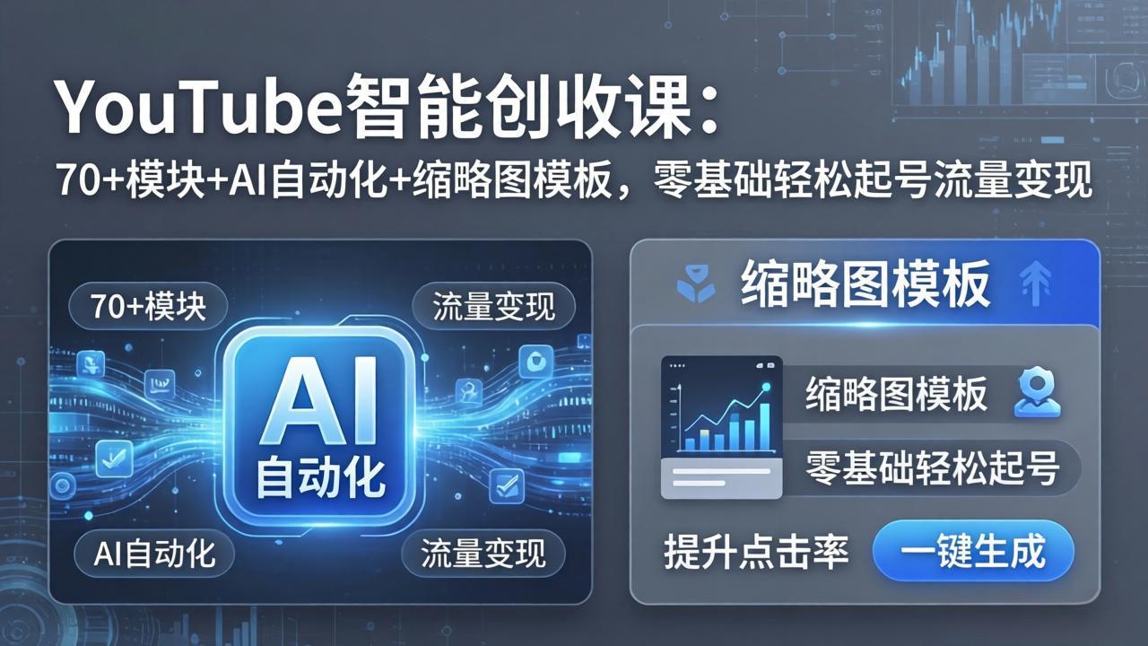 YouTube智能创收课：70+模块+AI自动化+缩略图模板，零基础轻松起号流量变现|小鸡网赚博客