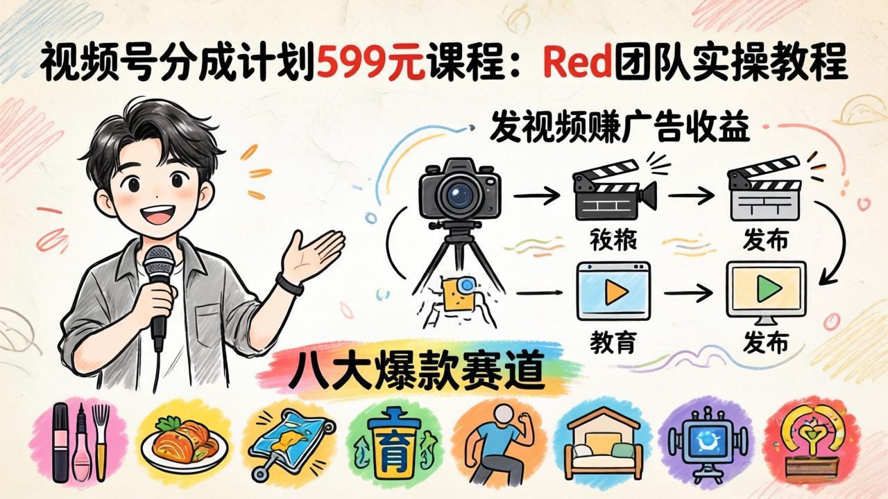 视频号分成计划599元课程：Red团队实操教程，发视频赚广告收益，八大爆款赛道全掌握|小鸡网赚博客