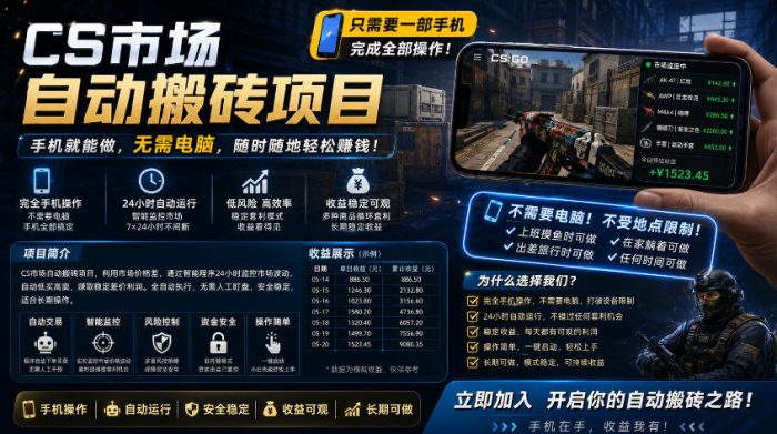 手机即可操作的CS市场自动搬砖系统｜自动监控｜自动下单|日入300+【揭秘】|小鸡网赚博客