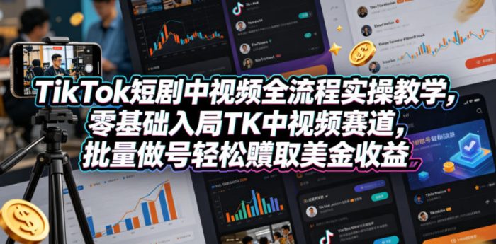 TikTok短剧中视频全流程实操教学，零基础入局TK中视频赛道，批量做号轻松賺取美金收益|小鸡网赚博客