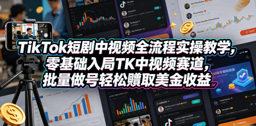 TikTok短剧中视频全流程实操教学，零基础入局TK中视频赛道，批量做号轻松賺取美金收益|小鸡网赚博客