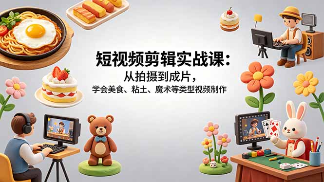 短视频剪辑实战课：从拍摄到成片，学会美食、粘土、魔术等类型视频制作|小鸡网赚博客