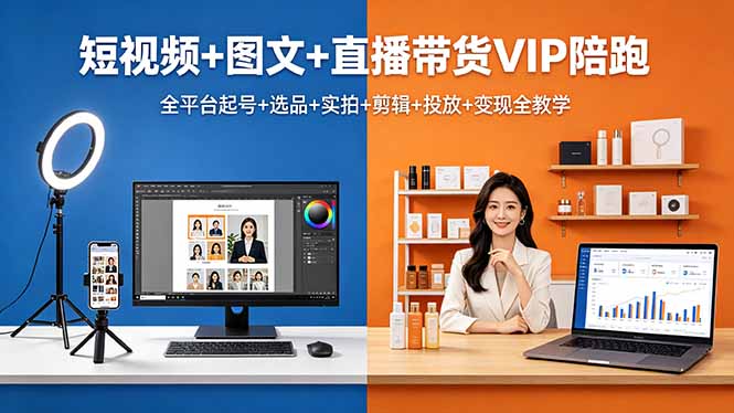 短视频+图文+直播带货VIP陪跑，全平台起号+选品+实拍+剪辑+投放+变现全教学|小鸡网赚博客