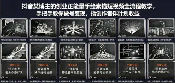 抖音某博主的创业正能量手绘素描短视频全流程教学,手把手教你做号变现,撸创作者伙伴计划收益|小鸡网赚博客