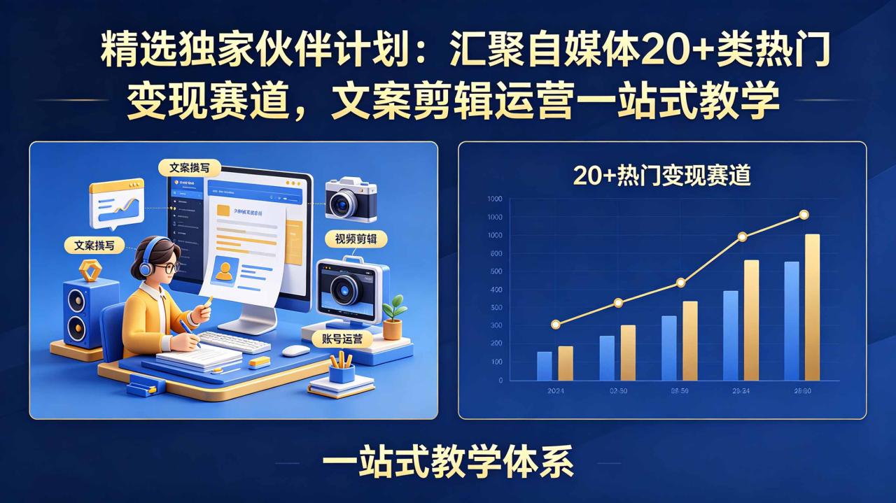 精选独家伙伴计划：汇聚自媒体20+类热门变现赛道，文案剪辑运营一站式教学|小鸡网赚博客