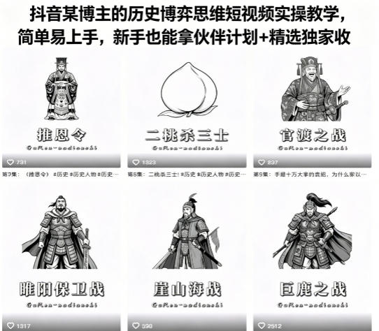 抖音某博主的历史博弈思维短视频实操教学，简单易上手，新手也能拿伙伴计划+精选独家收益|小鸡网赚博客