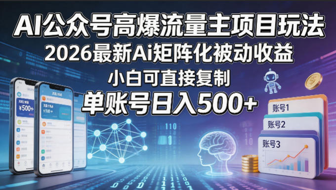 AI公众号高爆流量主项目玩法，2026最新Ai矩阵化被动收益，小白可直接复制，单账号日入500+|小鸡网赚博客