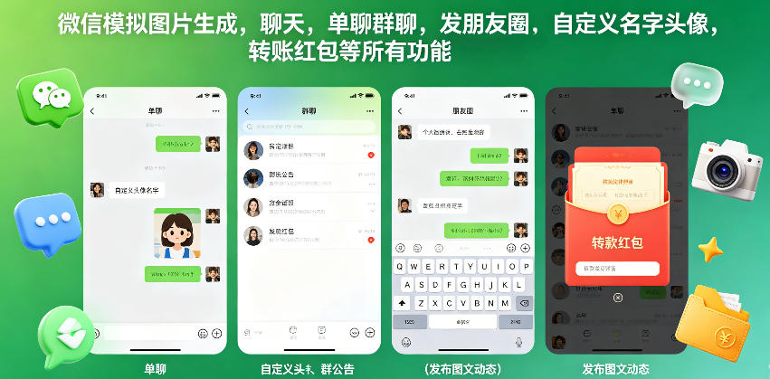 微信模拟图片生成，聊天，单聊群聊，发朋友圈，自定义名字头像，转账红包等所有功能都可以生成|小鸡网赚博客