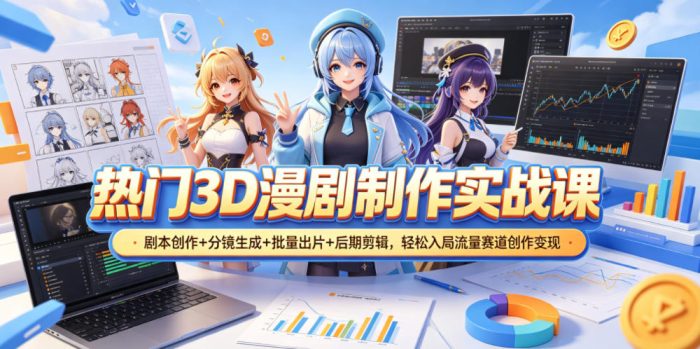 热门3D漫剧制作实战课,剧本创作+分镜生成+批量出片+后期剪辑,轻松入局流量赛道创作变现|小鸡网赚博客