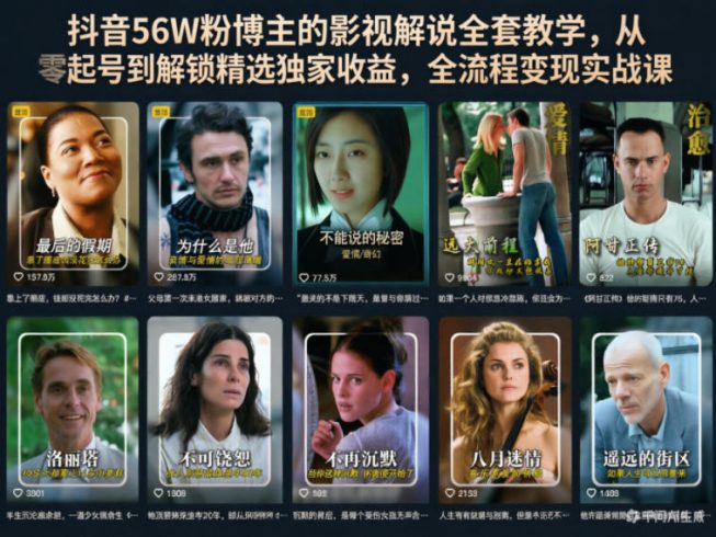 抖音56W粉博主的影视解说全套教学，从零起号到解锁精选独家收益，全流程变现实战课|小鸡网赚博客