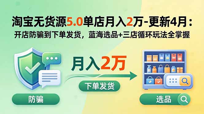 淘宝无货源5.0单店月入2万-更新5月：开店防骗到下单发货，蓝海选品+三店循环玩法全掌握|小鸡网赚博客