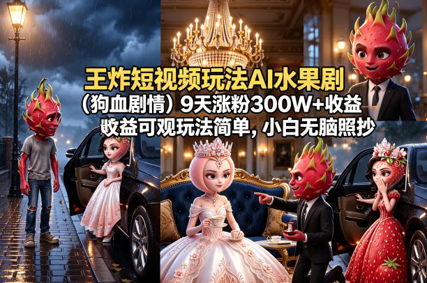 王炸短视频玩法AI水果剧(狗血剧情)9天涨粉300W+收益可观玩法简单，小白无脑照抄，详细拆解玩法|小鸡网赚博客